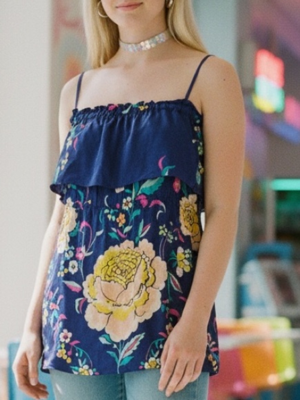 Yumi Kim Floral Coachella maximalist tunic top in Blue and Yellow